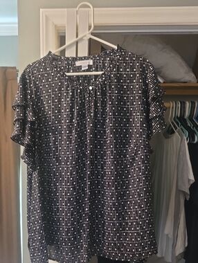 Liz Claiborne Black and White Geometric Tie-Neck Blouse